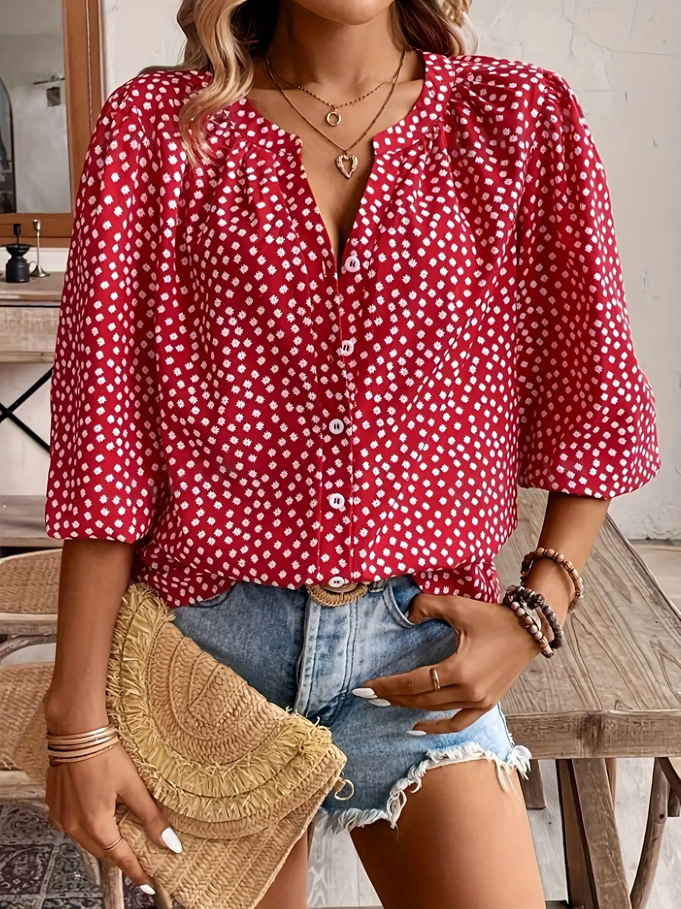 A women's fashionable Bohemian Inspired versatile casual red floral Print V-neck lantern sleeve Boho Shirt Blouse, suitable for summer, daily casual wear, vacation, and commuting.
