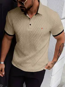 Men's Colorblock Polo Shirt with Button Short Sleeve, Letter Print, Slim-Fitting, Casual, Fashionable Daily Wear, Textured Fabric