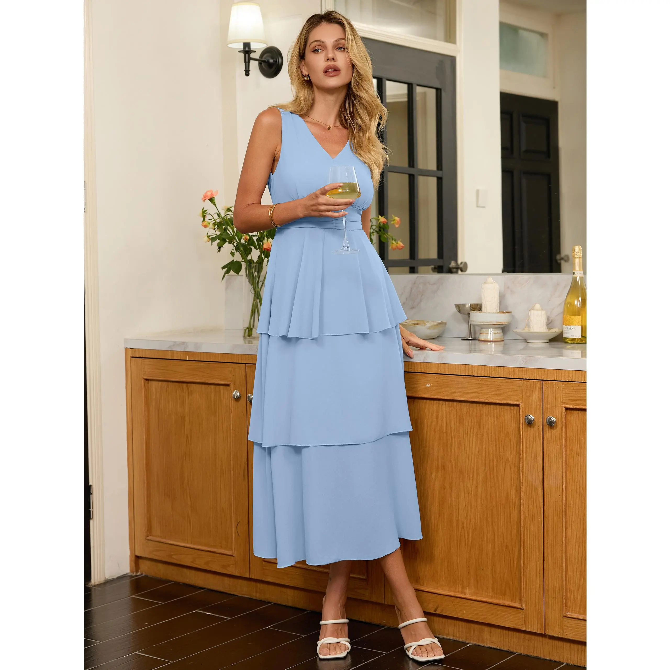 Simplee Womens Chiffon Ruffle Maxi Dress | Tiered Flowy V Neck Wedding Guest Dresses | Elegant Sleeveless Boho Beach Long Sundress