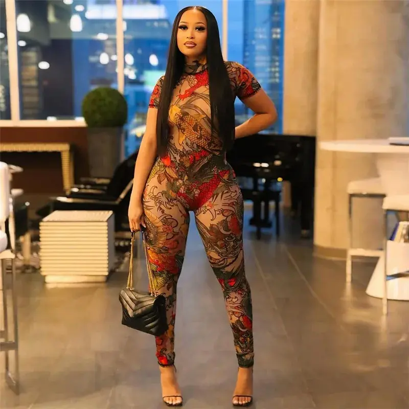 summer autumn clothes 2025 new Sexy Mesh Print Short Sleeve Bodycon Women's Clothing Wholesale Sexy Street Tight Fit Backless Light Womenswear