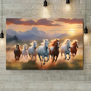 2D canvas art, 1-piece wooden framed canvas painting of the Lucky Seven Horses - A symbol of wealth and auspiciousness, perfect for decorating the walls of your living room or bedroom, bringing positive energy to your home