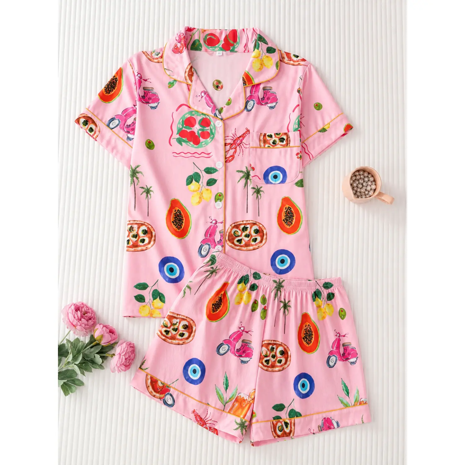 Women's Fruit Print Short Sleeve Shirt & Elastic Waist Shorts Pajama Set, Cozy Two-piece Sleepwear for All Seasons