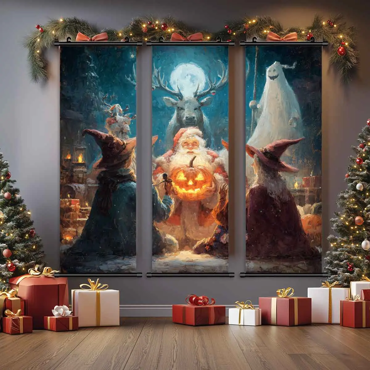 3-Piece Christmas Wall Art Set, Santa & Witch Themed Posters, Modern Home Decor, Waterproof HD Prints, Gift Box Included