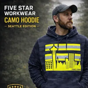 “Seattle Skyline” Safety Hoodie Five Star - Camo Edition, High-Visibility Graphic, Durable & Warm, Menswear