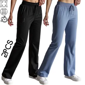 2 Pack Women's Waffle Knit Wide Leg Pants - High Waisted Yoga Palazzo Pants with Pockets, Straight Leg Lounge Sweatpants, Lightweight Breathable Flowy Pajama Bottoms Set