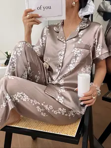 Women's Casual Home Wear Set, Soft Fabric Short Sleeve Button-Up Top & Elastic Waist Pants, Comfortable Leaf Print, Pajama Set