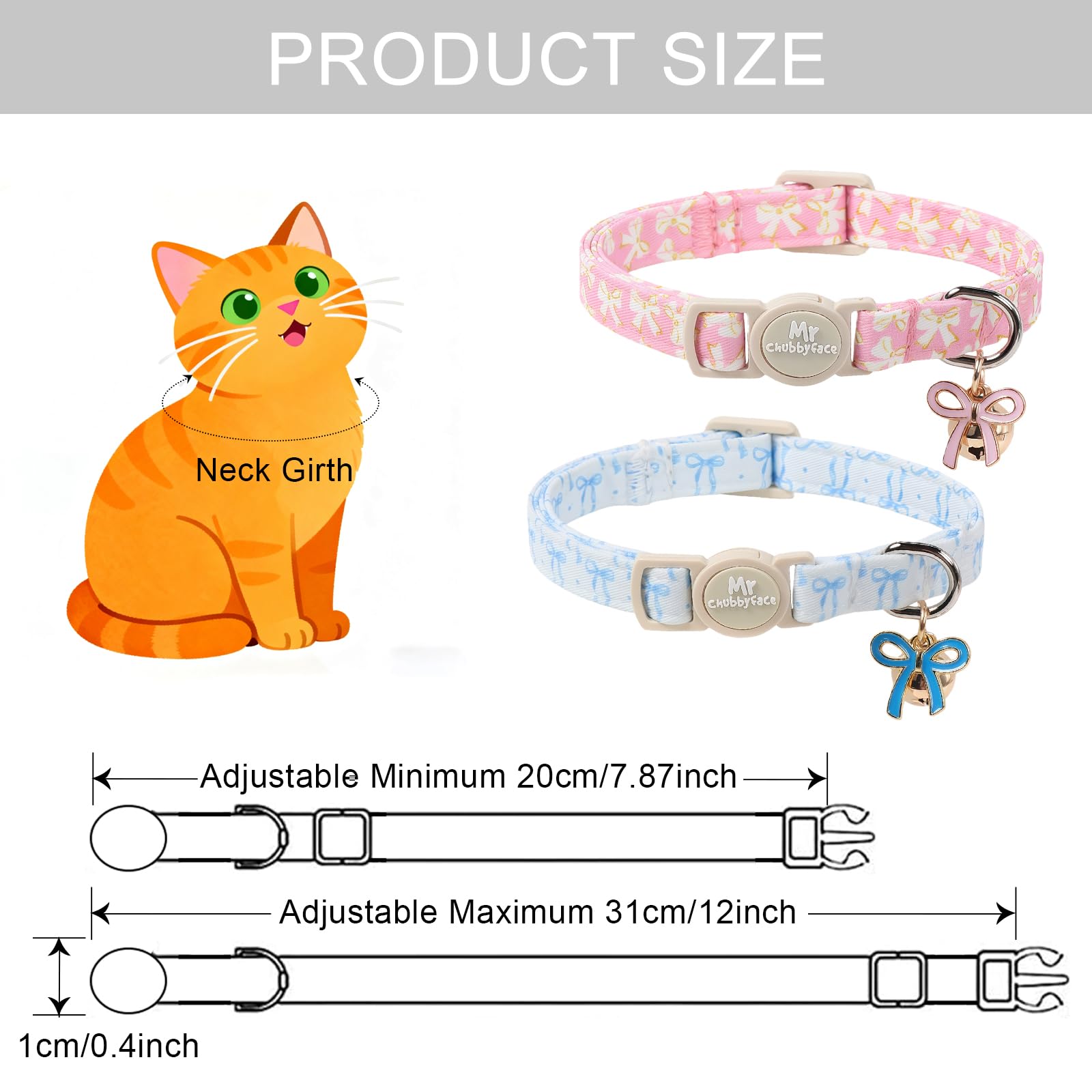 Mr.Chubbyface 2 Pack Cute Pink Cat Collar, Adjustable Breakaway Kitty Collar with Bow Charm for Girl Boy Cats