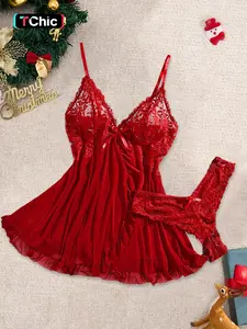 Christmas Two-Piece Lingerie Set, Sexy Lace Hot Temptation, Women's Floral Sleepwear, Fitted Thin Fabric, All Seasons