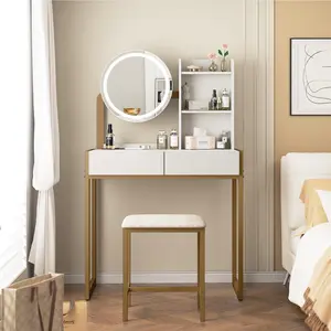 Small Vanity Desk with Mirror and Lights, Makeup Table with LED Mirror (3 Modes), Power Outlet, Drawer, Shelves & Cushioned Stool
