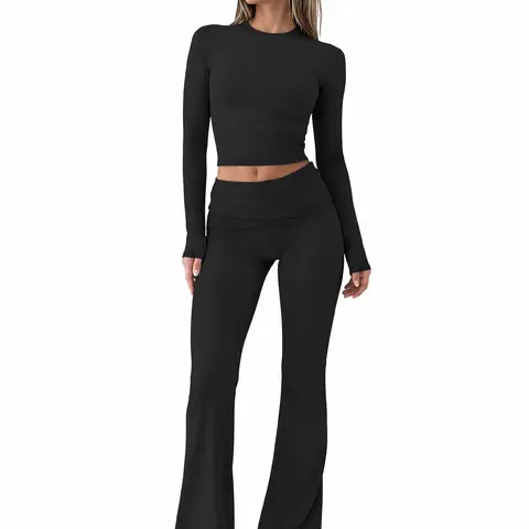 Women's Fitted 2-Piece Polyester Clothing Matching Sets - Short Sleeve Crew Neck Top, Drawstring Flare Pants, Everyday Bodycon Breathable Loungewear for Spring & Fall Sleepwear