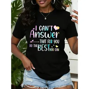 Women's 100% Cotton Basic Casual Printed Top - Flat Short-Sleeve, Round Neck, Rainbow Gradient Inspirational Text Print, Smooth Fit, Breathable, Machine Washable, Suitable for Spring, Summer, Streetwear Style
