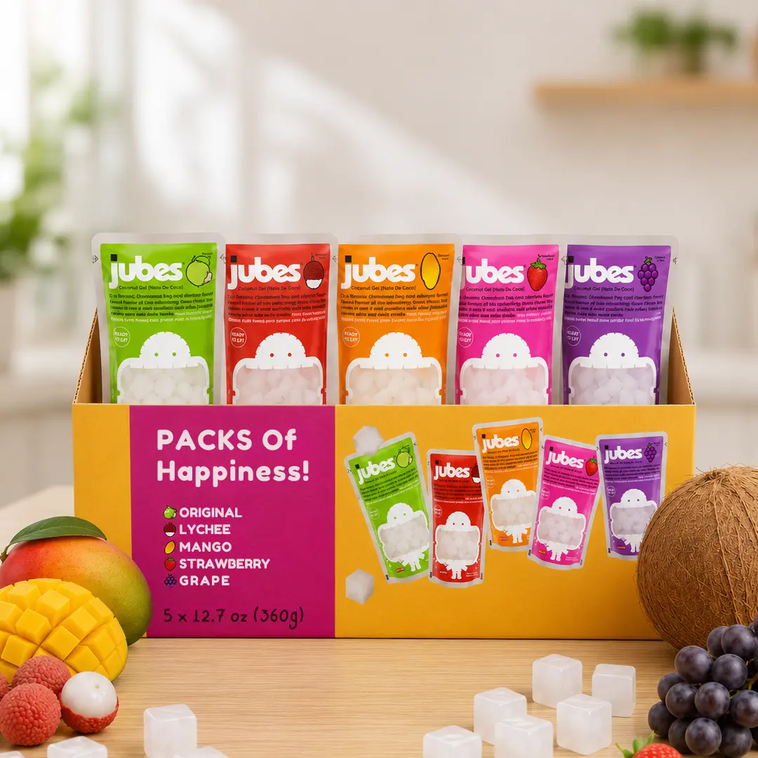 Jubes Coconut Jelly Cubes, Fruit Flavored Nata De Coco Dessert Snack (Variety 7.4 Oz)