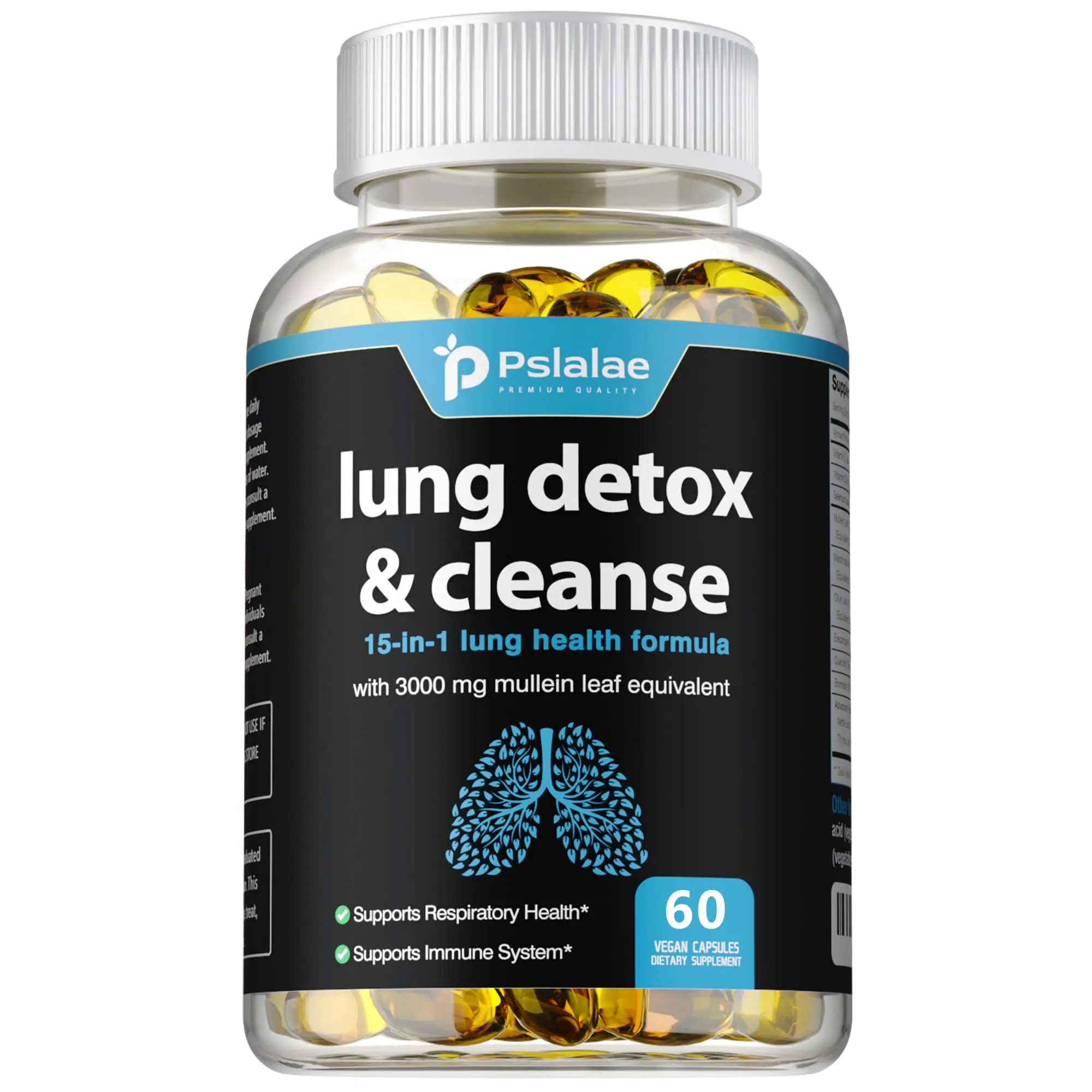 Pslalae 15-in-1 Natural Mullein Leaf Dietary Capsule Supplements - 10:1 High-Concentrated Natural Extract, Lung Health, Immune Support - Prop 65 Safe, 60 Caps/Bottle Daily Nutritional Detox Support, Supports Immunity, Adults
