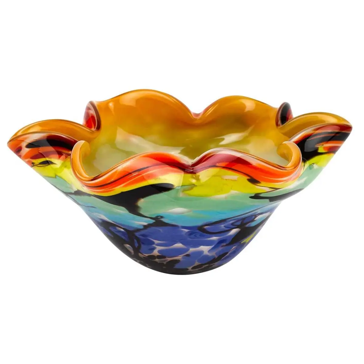 HomeRoots 375793 Artistic Mouth Blown Art Glass Tableware - 8.5 in. Unique Pieces for Serving, Hosting, Wavy Centerpiece or Candy Bowl, Multicolor, Wavy Rim