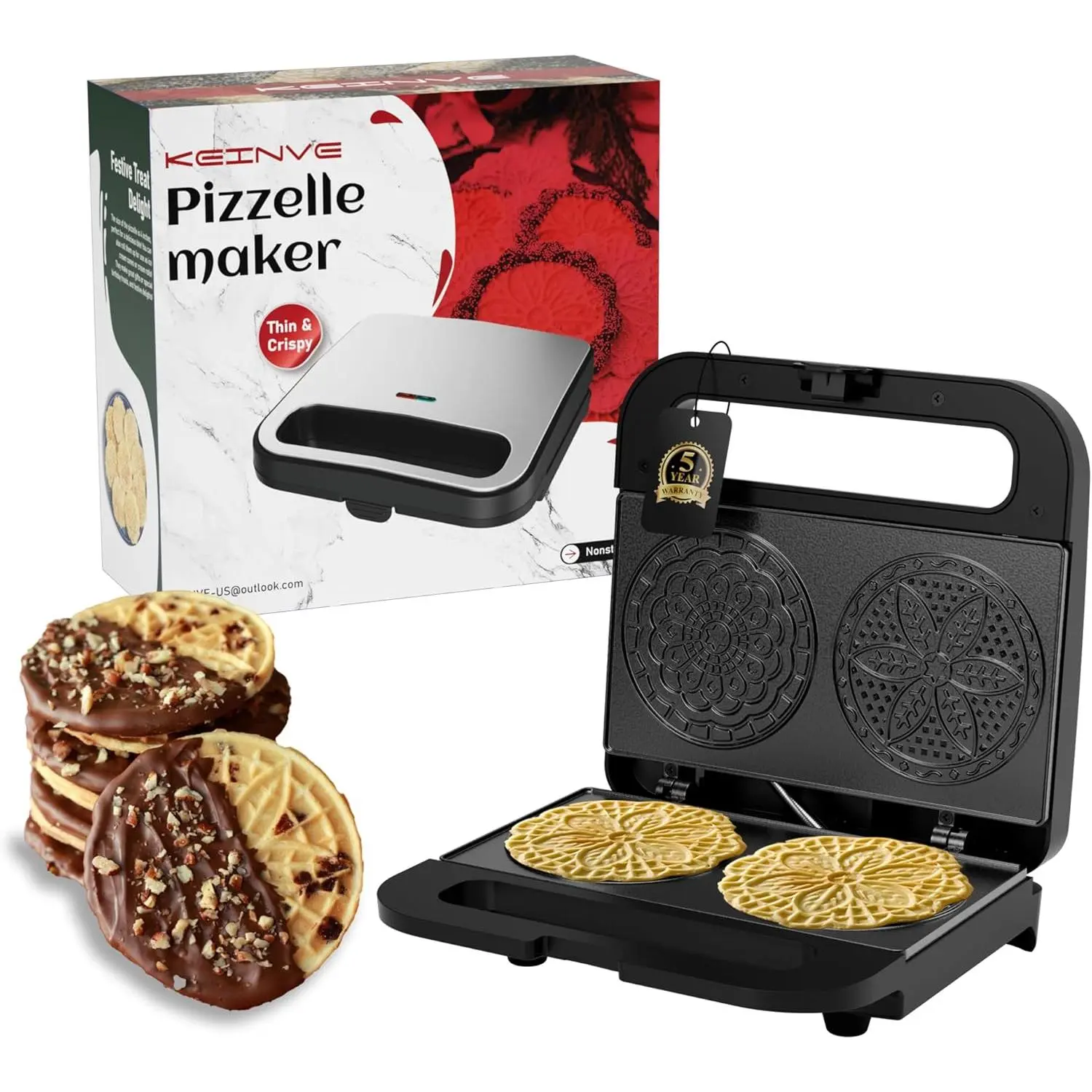 Mini Non-stick Electric Pizzelle Maker Machine with Ceramic Coating, 2x4in Cookie Baker for Holiday & Festive Parties, Home Baking Supplies Tray, Cookie Baking Tray