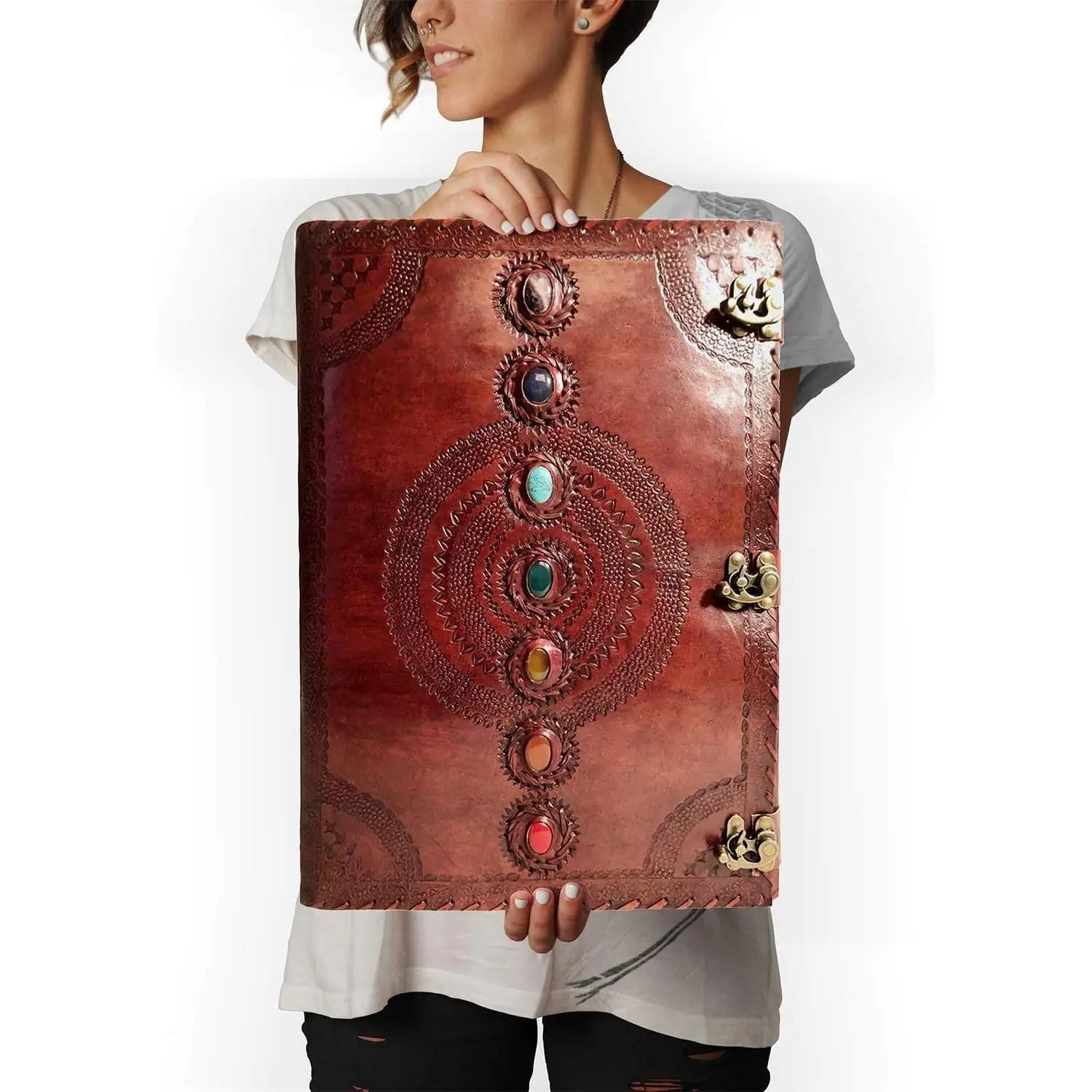 Chakra Journal  Huge Leather Bound Journal for Women and Men Book of Shadows Diary College Book Poetry Sketch Spell Book - 1.8  - Giant Leather Diary (22 Inches) 240 Pages