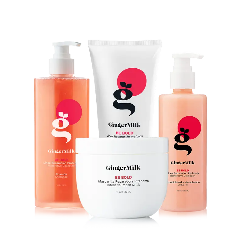 Be Bold Repair Kit | Shampoo 16 oz + Mask 17 oz + Leave-In 8 oz + Protein Gel 9 oz | Strengthening & Repairing Care for Dry, Damaged & Over-Processed Hair | Ginger Milk