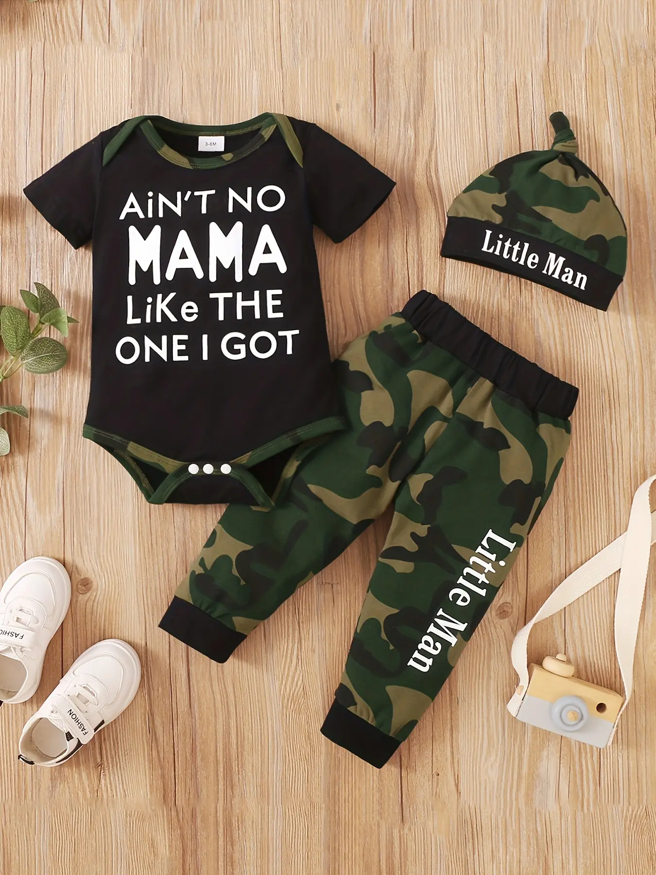 Baby Boys' Letter Print Romper Set, Camouflage Pants & Hat, Cute for Newborns, Comfortable Clothing for Daily Wear, Newborn Gift Set, Newborn Outfits Set, Infant Clothes