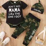 【Black Friday】Baby Boys' 3-Piece Set, Slogan-Printed Romper, Camouflage Pants & Hat, Newborn Infant Outfit, Baby Clothing, Daily Wear Gift