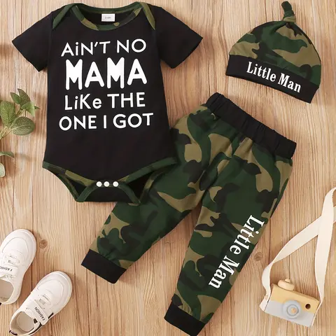 Baby Boys' 3-Piece Set, Slogan Print Romper, Camouflage Pants & Hat, Newborn Infant Outfit, Baby Clothing, Daily Wear Gift
