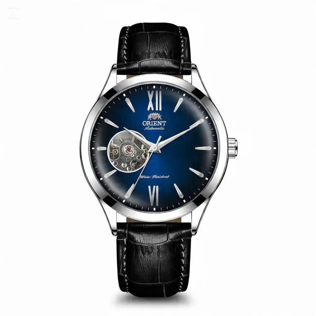 Men's Classic Rose-Gold Skeleton Dial Auto Movement Mechanical Watch, Deep-Blue Partial Open-Heart Face, Roman Numerals, Brown Croco Leather Strap, Water-Resistant, Ideal for Business Casual Outfits & Gentlemen Gifts