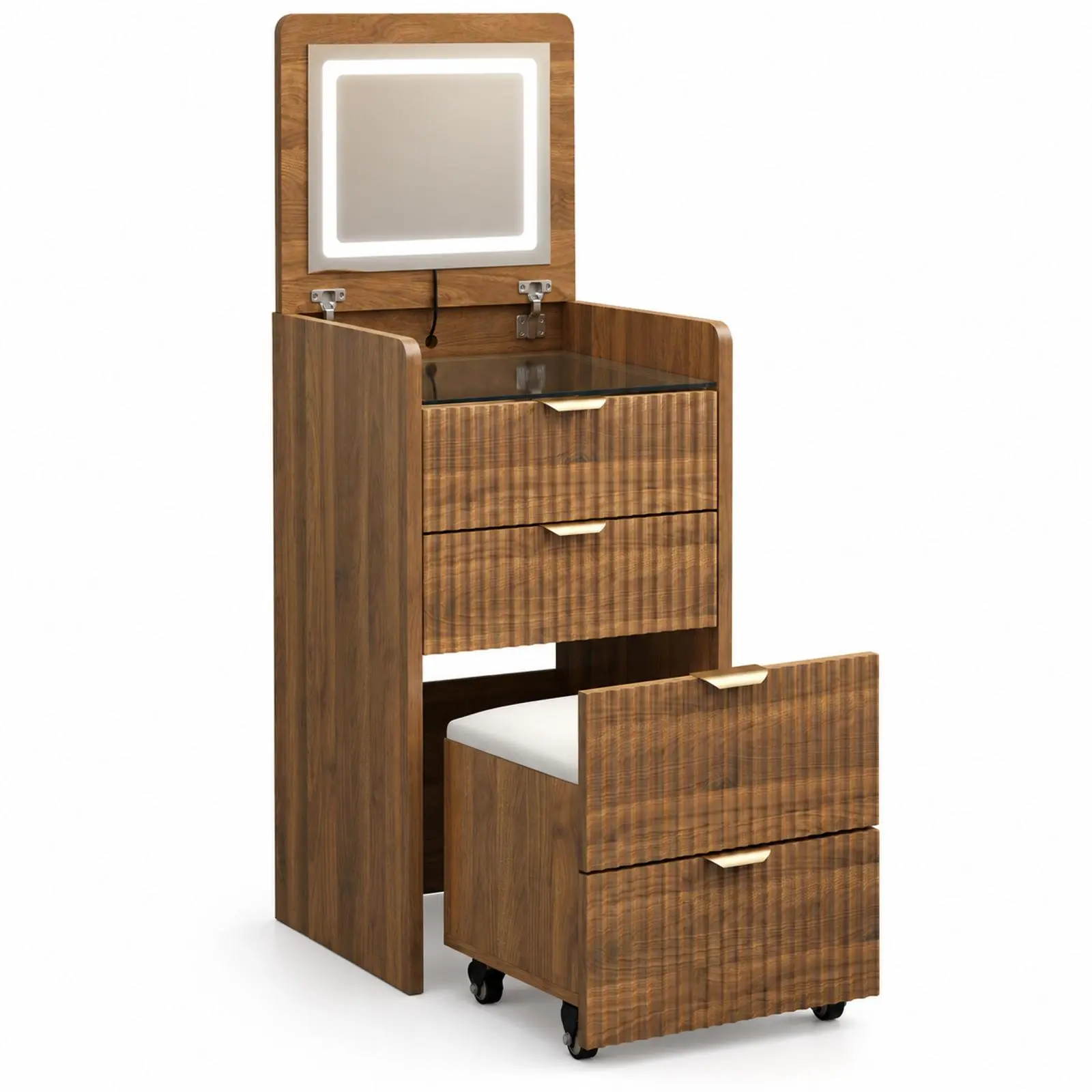 3 in 1 Vanity Desk with 3 Drawers and Rolling Stool, Compact Vanity with Flip Top Mirror and Lights, Modern Small Makeup Vanity Table (Walnut Color)