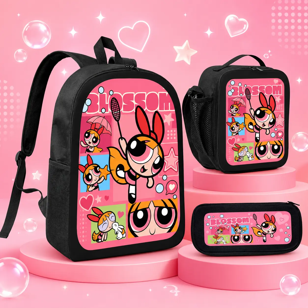 Powerpuff Girls Pattern School Backpack Set - TikTok Viral Cute Kawaii Student Bookbag with Lunch Bag, Pencil Case, Mesh Side Pockets, Light for School, Pattern Backpack Set, Cute Backpacks