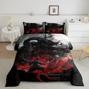 Dragon Comforter Set Japanese Style Comforter for Boys Girls Teens Samurai Bedding Set Dragon Decor Duvet Set Room Decor Black Red Quilt Set