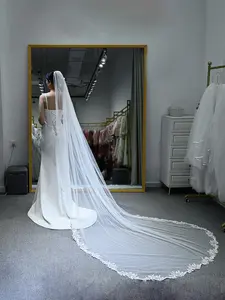 Elegant Bridal Veil with Lace Trim, Lace Drop Veil, Trailing Veil, Wedding Church Train Veil, Perfect for Brides, High-Quality Fabric