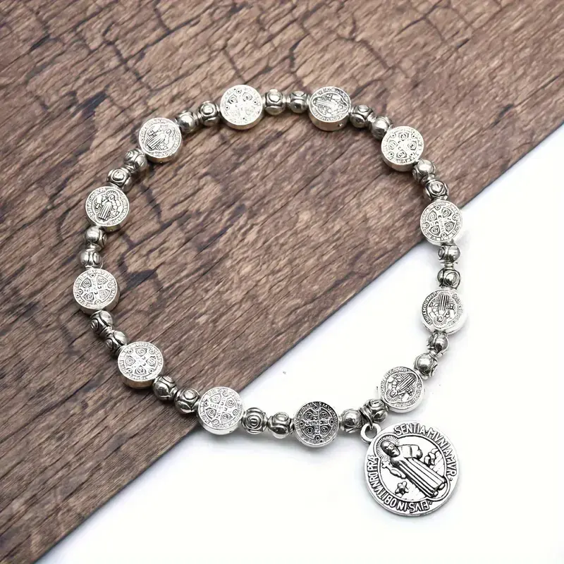 Saint Benedict Medal Charm Inspirational Bracelet, Religious Silver-tone Beaded Classic Wrist Accessory on Elastic Bands for Women & Men, Biblical Themed Bracelets & Bangles, Unisex