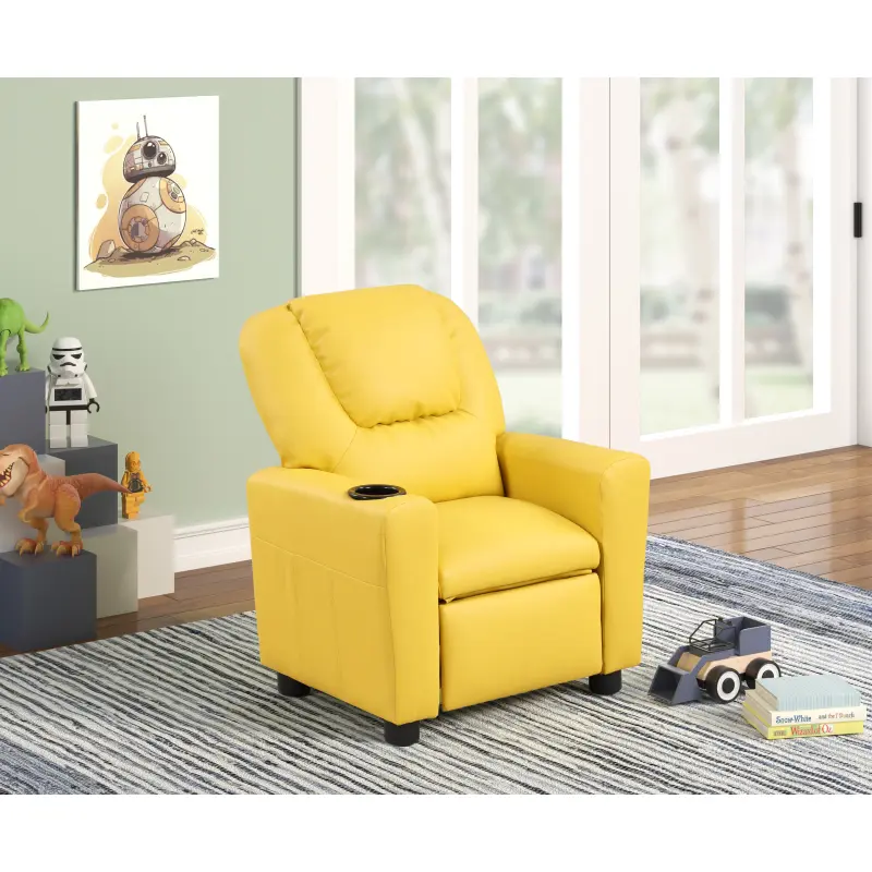 Bellemave 23" Yellow PU Leather Kids Recliner Chair with Cupholder, Ergonomically Adjustable Seat, Footrest Stool - Indoor Furniture for Living Room, Gaming, Vanity, Gifts for Kids, Foot Rest Stools, Recliner Backrest