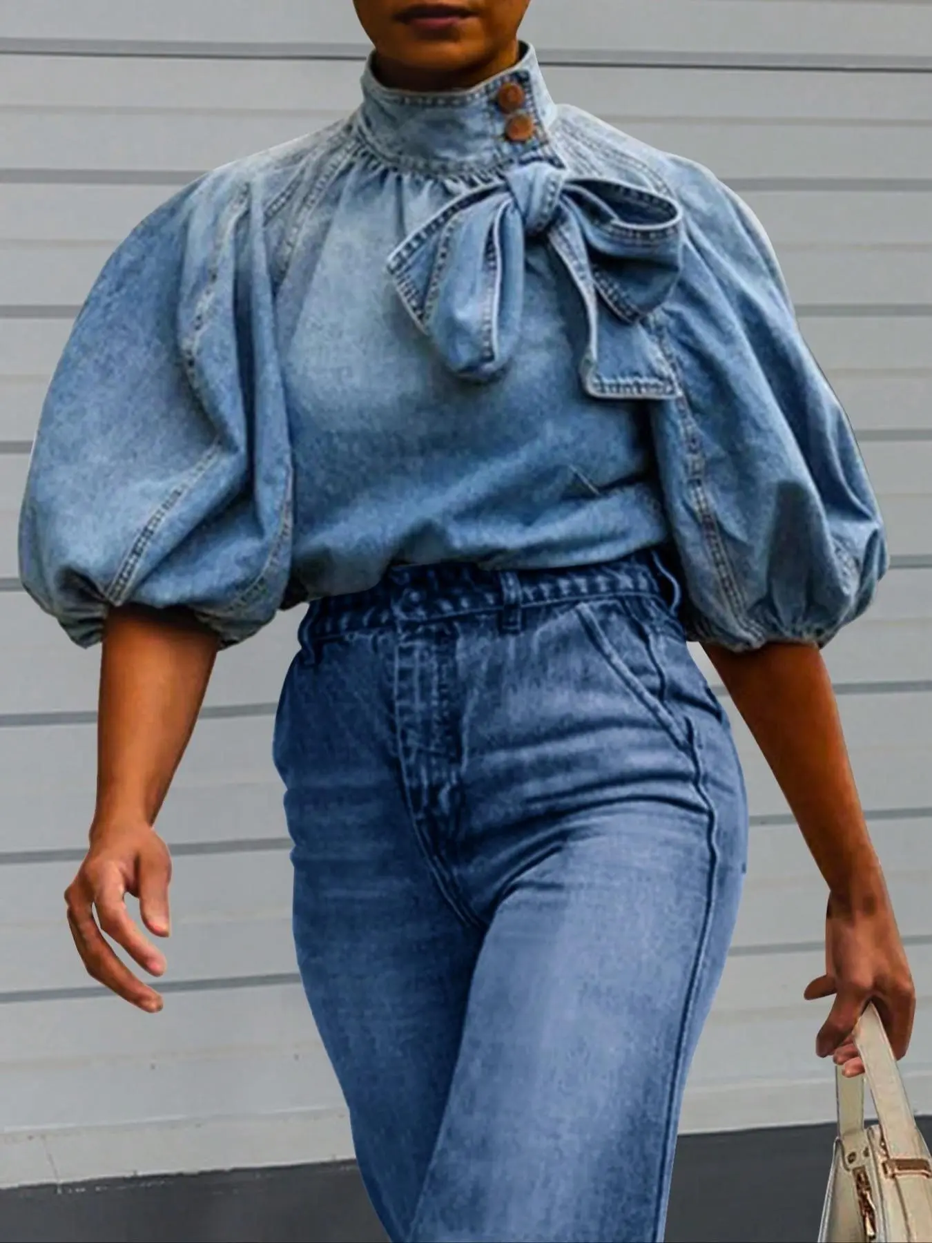 Women's Denim Blouse, High Neck Shirts, Street Fashion Casual Denim Oversized Baggy Top for Daily Outdoor Wear, Women's Clothing for All Seasons