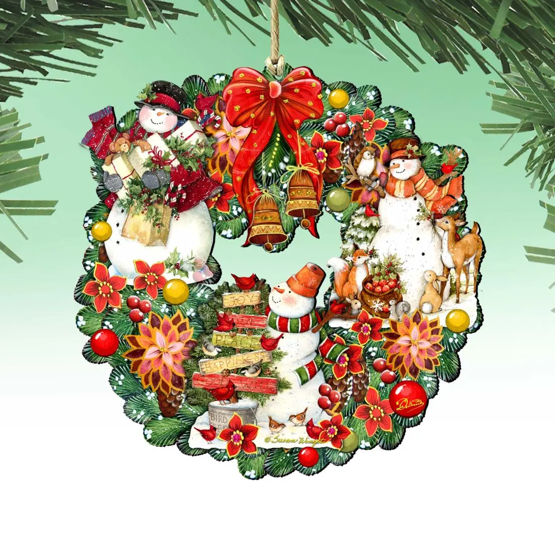 Designocracy 8185307-4-SW-S2 Artistic Snowy Christmas Wreath Wooden Ornaments, 5x5.5 in, Decor Gift for Room Decor - Set of 2