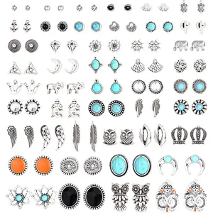 YADOCA 46 Pairs Vintage Multiple Assorted Boho Stud Earrings for Women Simple Geometric Stud Earrings Set Round Turquoise Earrings for Men Stainless Steel CZ Elephant Moon Feather
