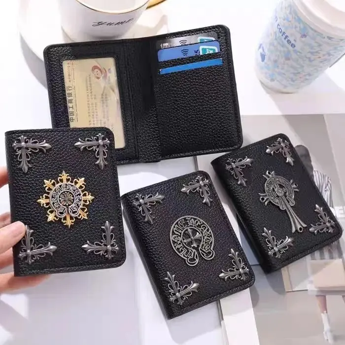 Streetwear Chrome Horseshoe Cross Faux Leather Mini Card Case, 3 Styles Retro Floral Cross Slim Card Purse