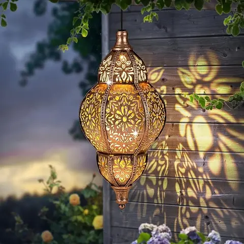 PathGlo Iron Metal Hollowed Out & Carved Moroccan Solar Hanging Lantern - Waterproof Outdoor Garden Lighting, 6-8 Hrs Glow, Adjustable Patio Deck Decor, Auto Shut-Off Solar Gadget, Mom Gardening Gift, Attentive Customer Service