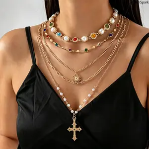 5-Layer Vintage Cross Sun Pendant Necklace, Pearl Colorful Gem Stacked Layering Chain, Gold Boho Religious Statement Jewelry summervibes
