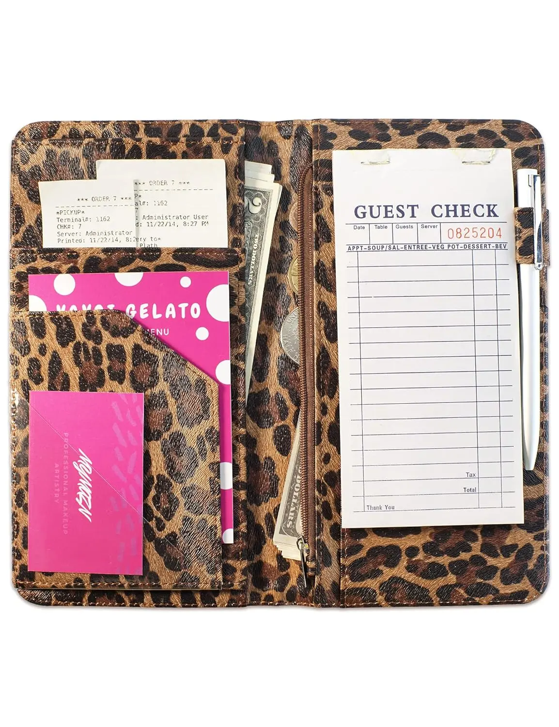 Server Book for Waitress Book with Zipper Pocket, 5x9 Leopard  Closure Server Wallet with  Pocket and Zipper Pouch, Restaurant Waitstaff Organizer Fit Server Apron