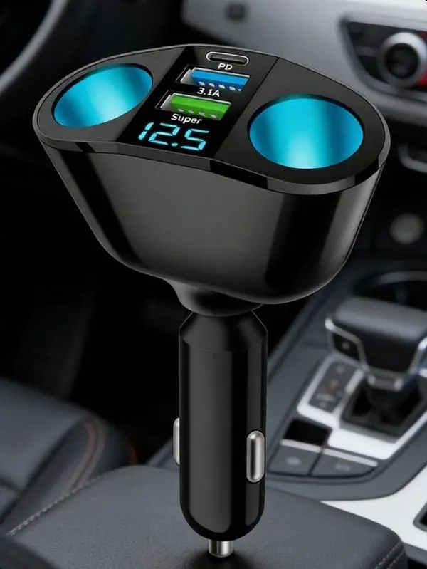 Electroplated Magnetic Charging In-Car Cigarette Lighter Splitter - 2-Socket 12-24V Car Charger with LED Voltmeter, Dual USB QC3.0, 20W PD Type-C Fast Charging for Smartphone, GPS, Dashcam, USB Mobile Charger