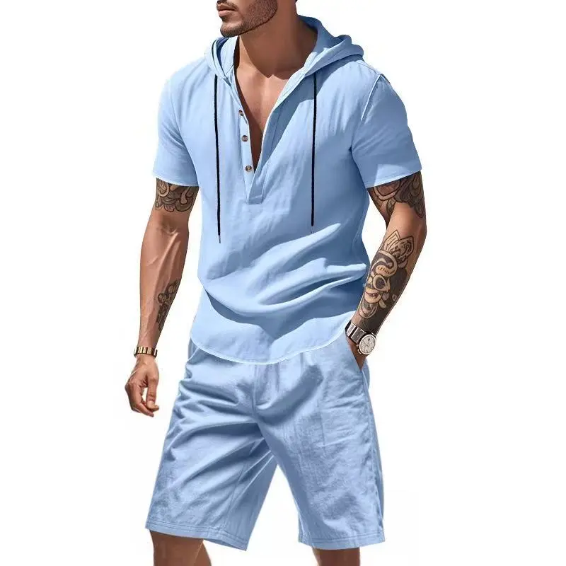 Men’s casual linen hooded set — loose, breathable polo shirt and linen shorts — ideal for home wear, walking, outdoor vacations — multiple colors — great gift idea — offers available — menswear, clothing, T-Shirt