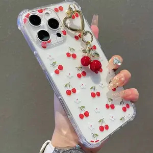 Cherry Floral Pattern Anti-Drop Protection Phone Case Cover, Compatible with iPhone Models 6-16 Pro Max, Includes Cherry Lanyard, Durable Design