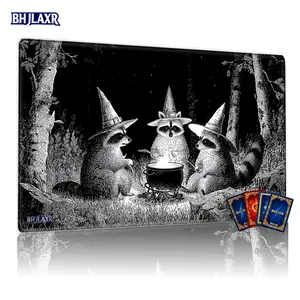 Anthropomorphic Raccoons Magical Ritual MTG Playmat - 12x24in Non-Slip TCG Game Mat for Card Games, Family Party & Gift, Whimsical Ethereal Forest Art, Witch Hat Raccoon Design, Black and White Detailed Linework, Gaming Mouse Pad