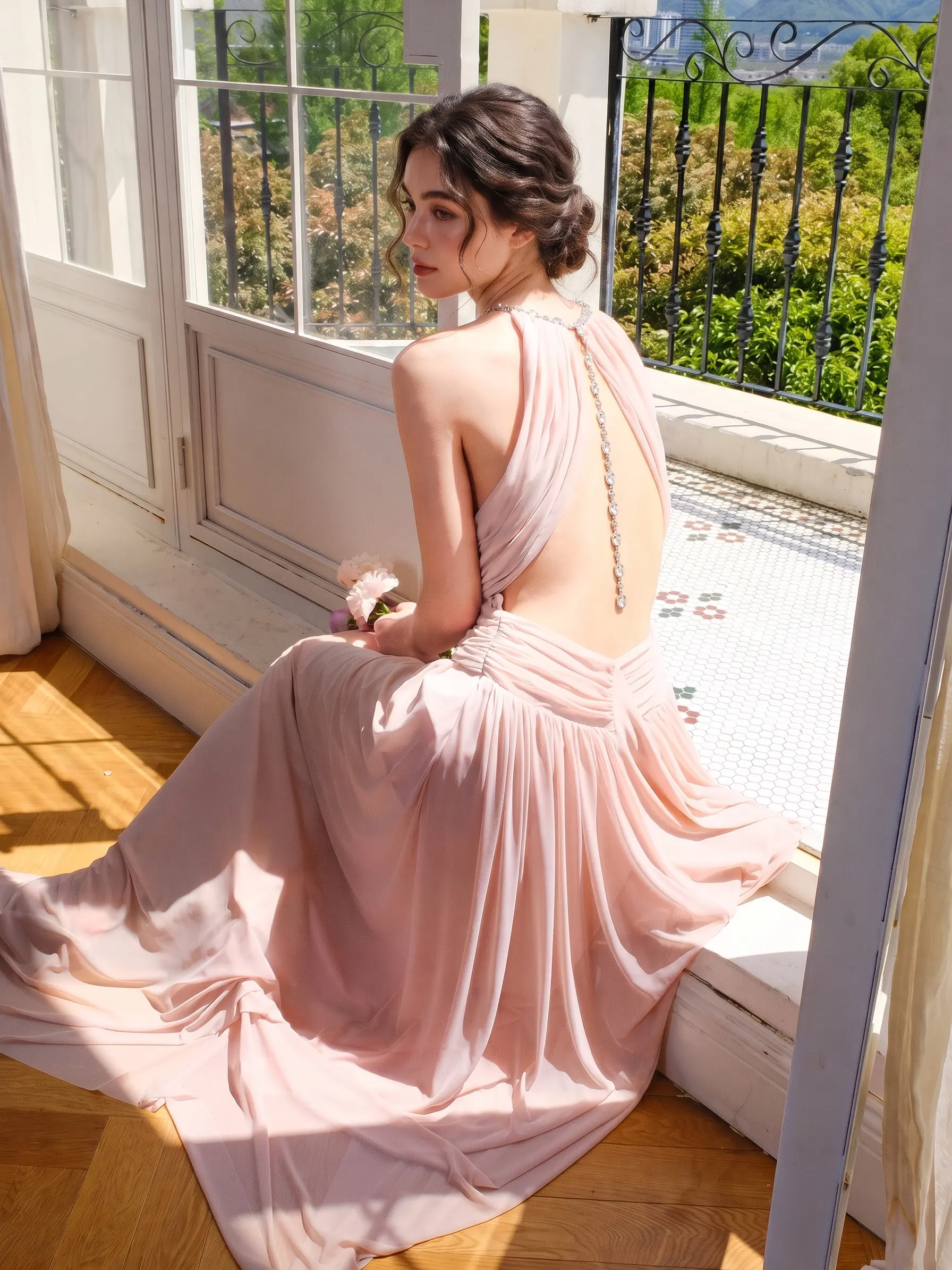 [New] Azazie Novella Rhinestone Halter Cross-Front Twist Ruched High-Waist A-Line Wedding Guest Cocktail Party Date Night Mesh Dress