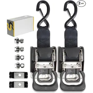 2PCS Stainless Steel Retractable Ratchet Straps (1 7/8 in x 4 ft) for Boat Trailer - Extra Mounting Brackets & Bolt Set