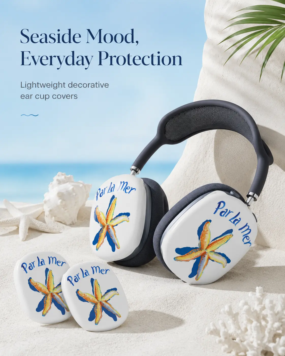 Coastal Starfish Ear Cup Covers – Par La Mer Beach Graphic Protective Headphone Shells, Lightweight Snap-On Accessories