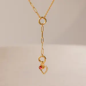 Rolo Lariat Paperclip Clasp Necklace in 18K Gold by Caitlyn Minimalist - Circle Charm Y Necklace - Gold Layering Necklace - Charm Jewelry - Best Friend Gift