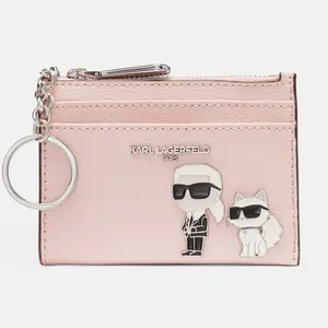 Karl Lagerfeld Paris Zip Cardholder Wallet Soft Pink Textured Faux Leather Compact Organizer with Multiple Card Slots & Keyring