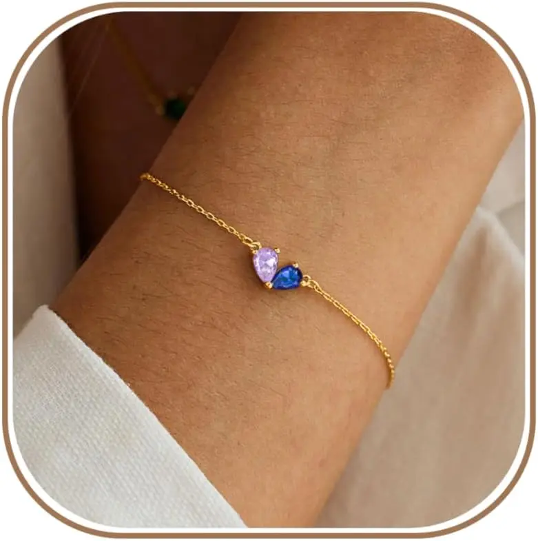 Gold Bracelets for Women Dainty 2 Birthstones Heart Charm Bracelet Non Tarnish 14K Gold Plated Red CZ Bracelets for Bridesmaid Mother and Daughter Anniversary Birthday Gift