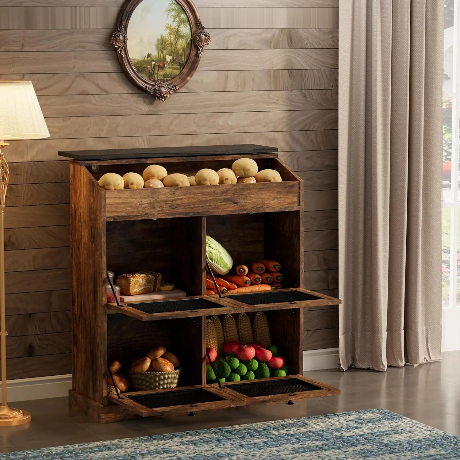 Large Wooden Storage Cabinet with 4 Doors, Lid, Grocery Section – Multi-Use for Potatoes, Onions, Bread, Vegetables – Indoor Furniture Storage Cabinets