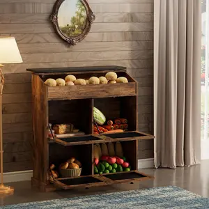 Large Potato Storage Wood Bin, Wooden Bread Storage Bins, Decorative Potato and Onion Storage Bin with 4 Doors, Potato Bin with Grocery Section, Wooden Vegetable Storage Box with Lid